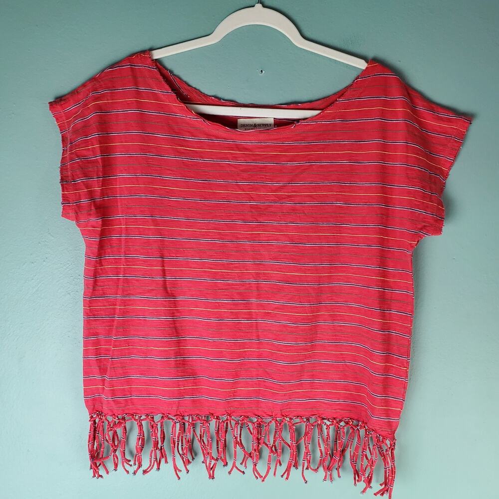 Denim & Supply RL Women's Red Striped Fringe Short Sleeve Top Size Medium